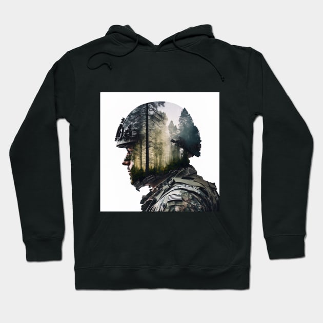 double exposure of soldier in woods Hoodie by Maverick Media